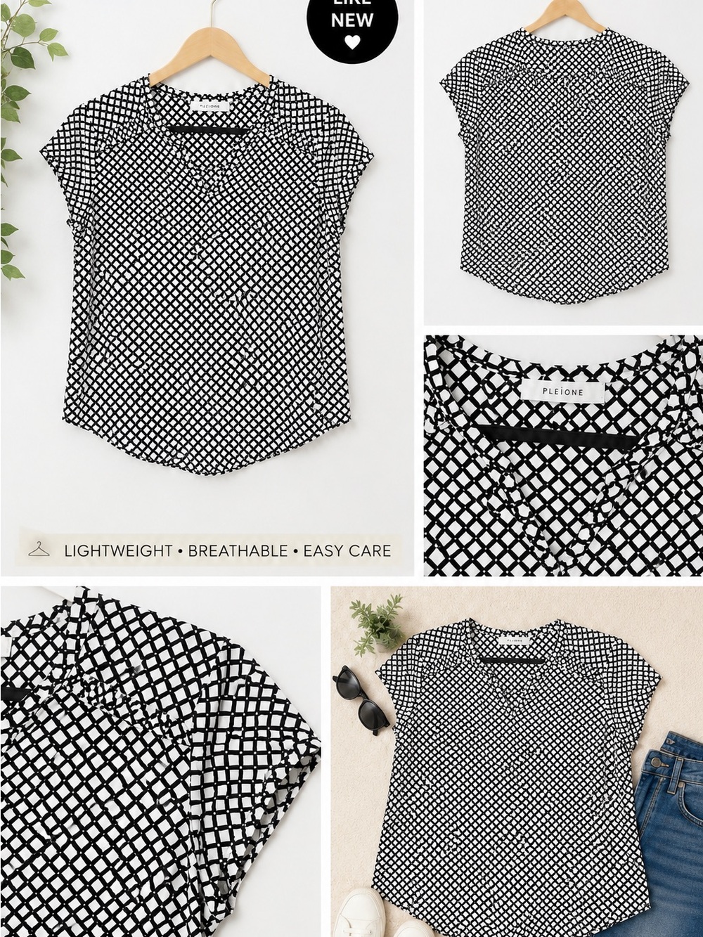 Pleione Black & White Lattice Cap Sleeve Blouse